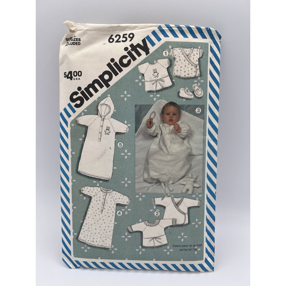 Vintage Simplicity Pattern 6259 Infant/Baby sz NB-18 mo Layette-Bunny Toy-Uncut